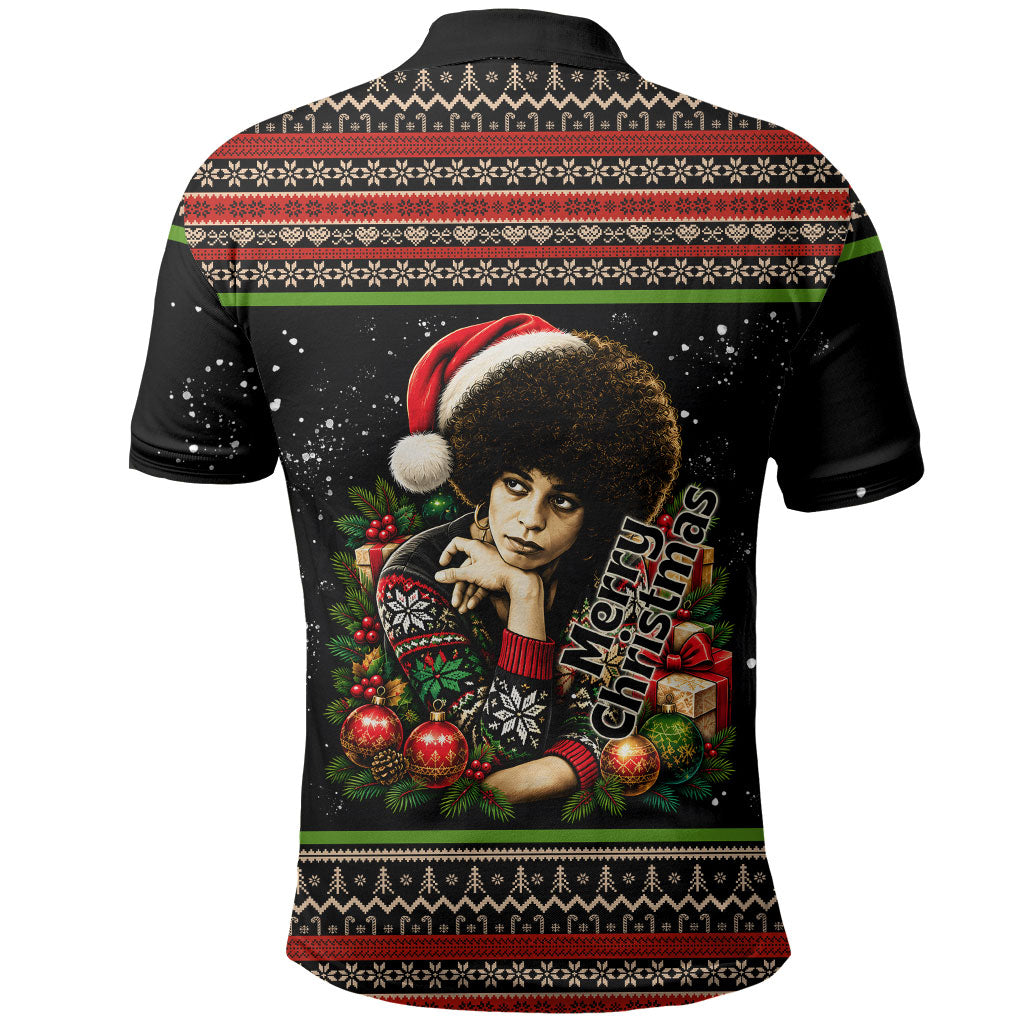 Angela Davis Merry Christmas Polo Shirt Ugly Christmas Pattern Civil Rights Black History