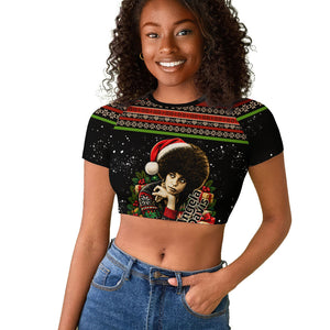 Angela Davis Merry Christmas Raglan Cropped T shirt Ugly Christmas Pattern Civil Rights Black History