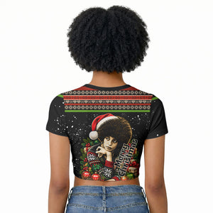Angela Davis Merry Christmas Raglan Cropped T shirt Ugly Christmas Pattern Civil Rights Black History