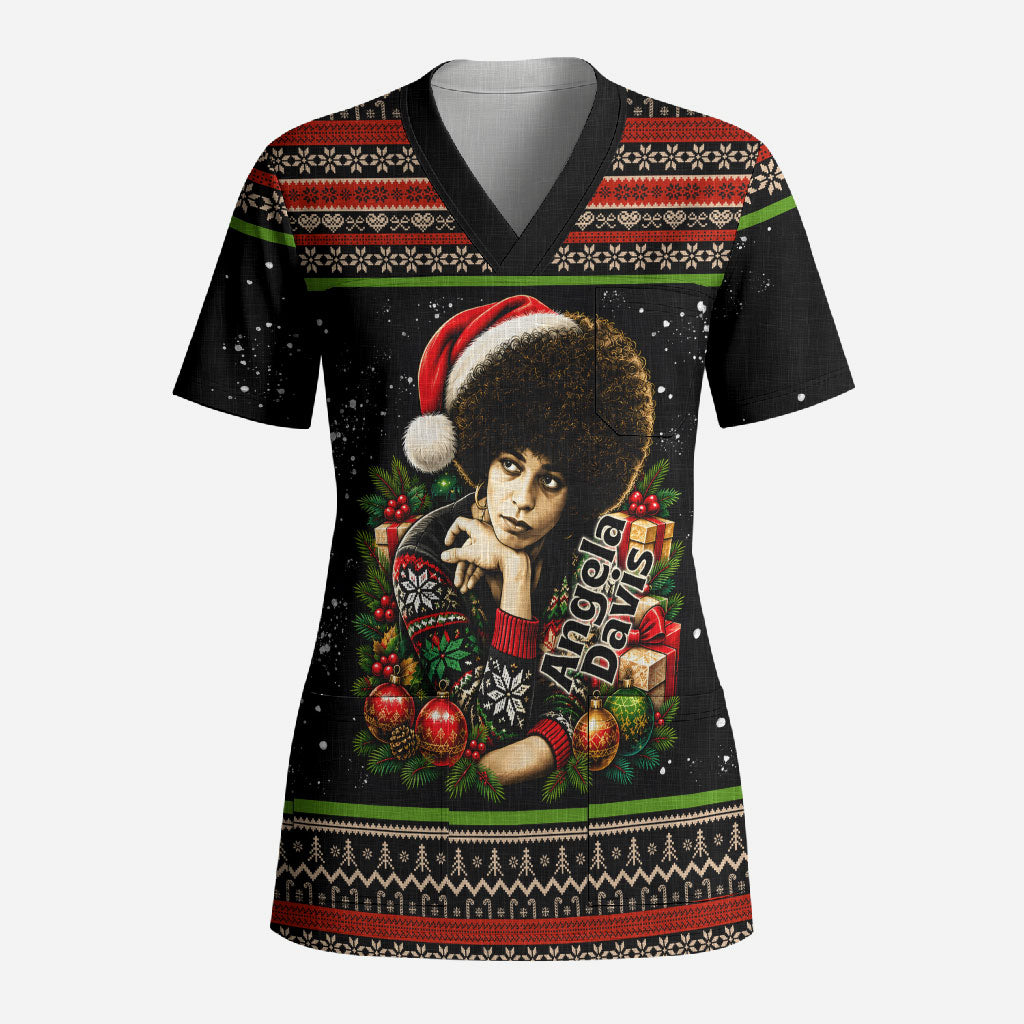 Angela Davis Merry Christmas Scrub Top Ugly Christmas Pattern Civil Rights Black History
