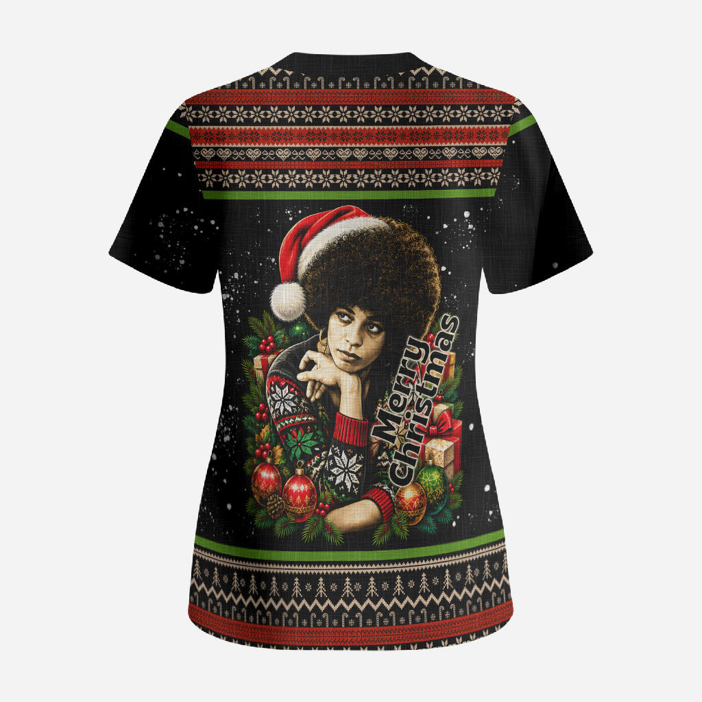 Angela Davis Merry Christmas Scrub Top Ugly Christmas Pattern Civil Rights Black History