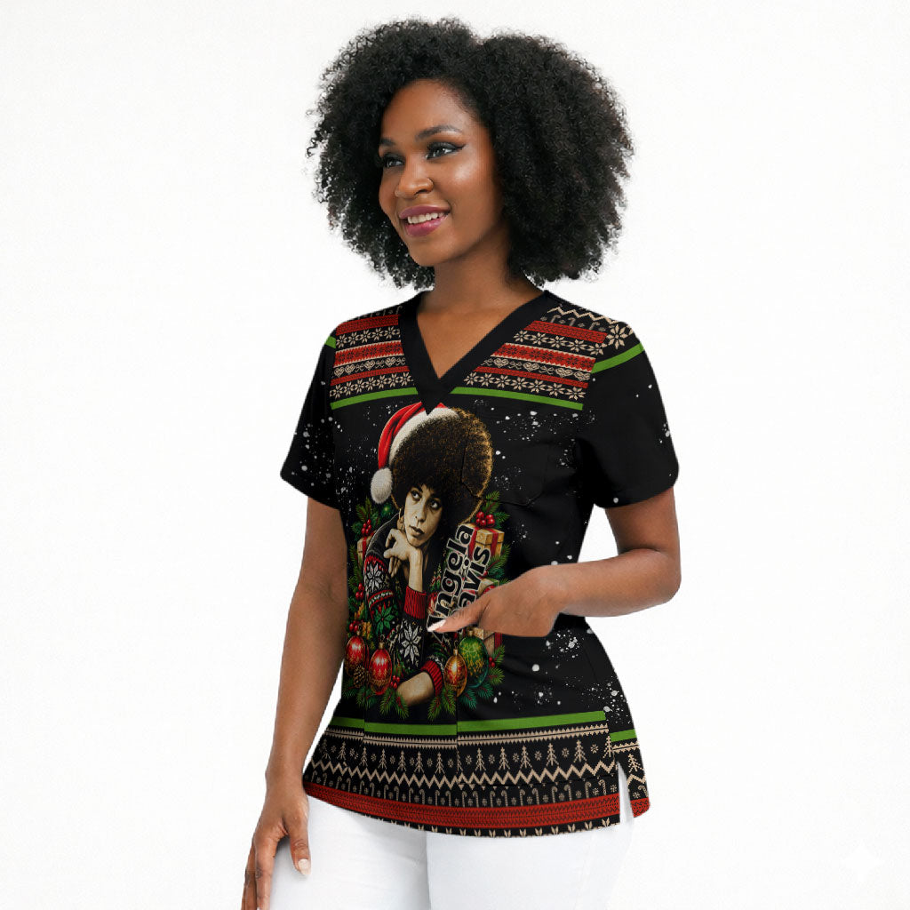 Angela Davis Merry Christmas Scrub Top Ugly Christmas Pattern Civil Rights Black History