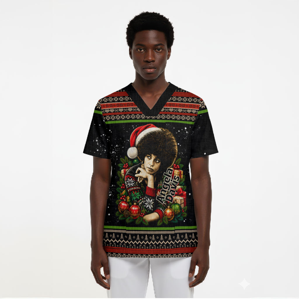 Angela Davis Merry Christmas Scrub Top Ugly Christmas Pattern Civil Rights Black History