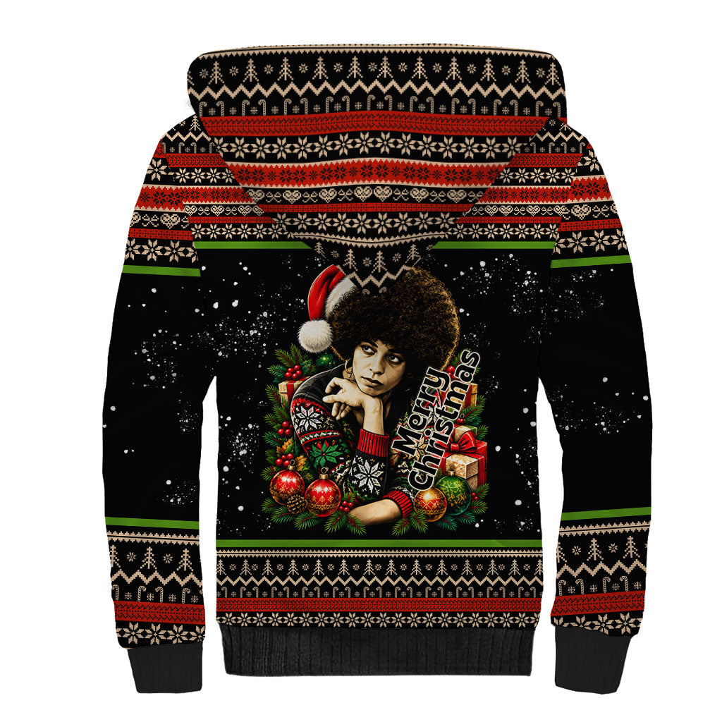 Angela Davis Merry Christmas Sherpa Hoodie Ugly Christmas Pattern Civil Rights Black History