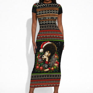 Angela Davis Merry Christmas Short Sleeve Bodycon Dress Ugly Christmas Pattern Civil Rights Black History