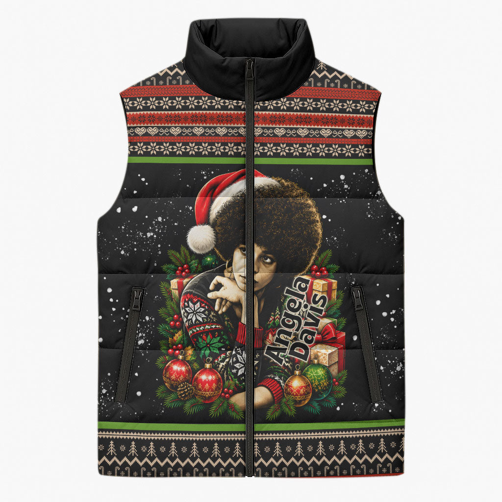 Angela Davis Merry Christmas Sleeveless Puffer Jacket Ugly Christmas Pattern Civil Rights Black History