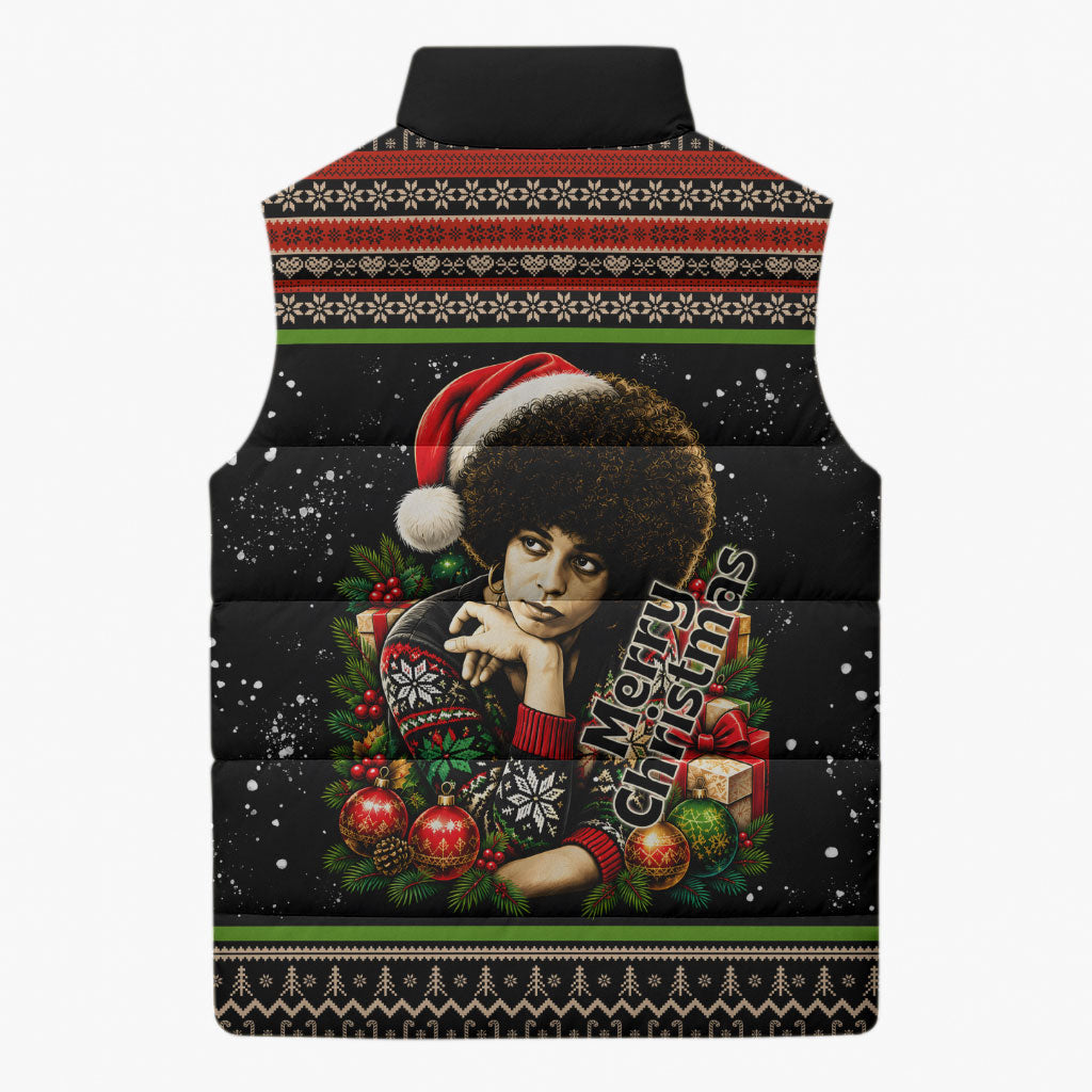 Angela Davis Merry Christmas Sleeveless Puffer Jacket Ugly Christmas Pattern Civil Rights Black History