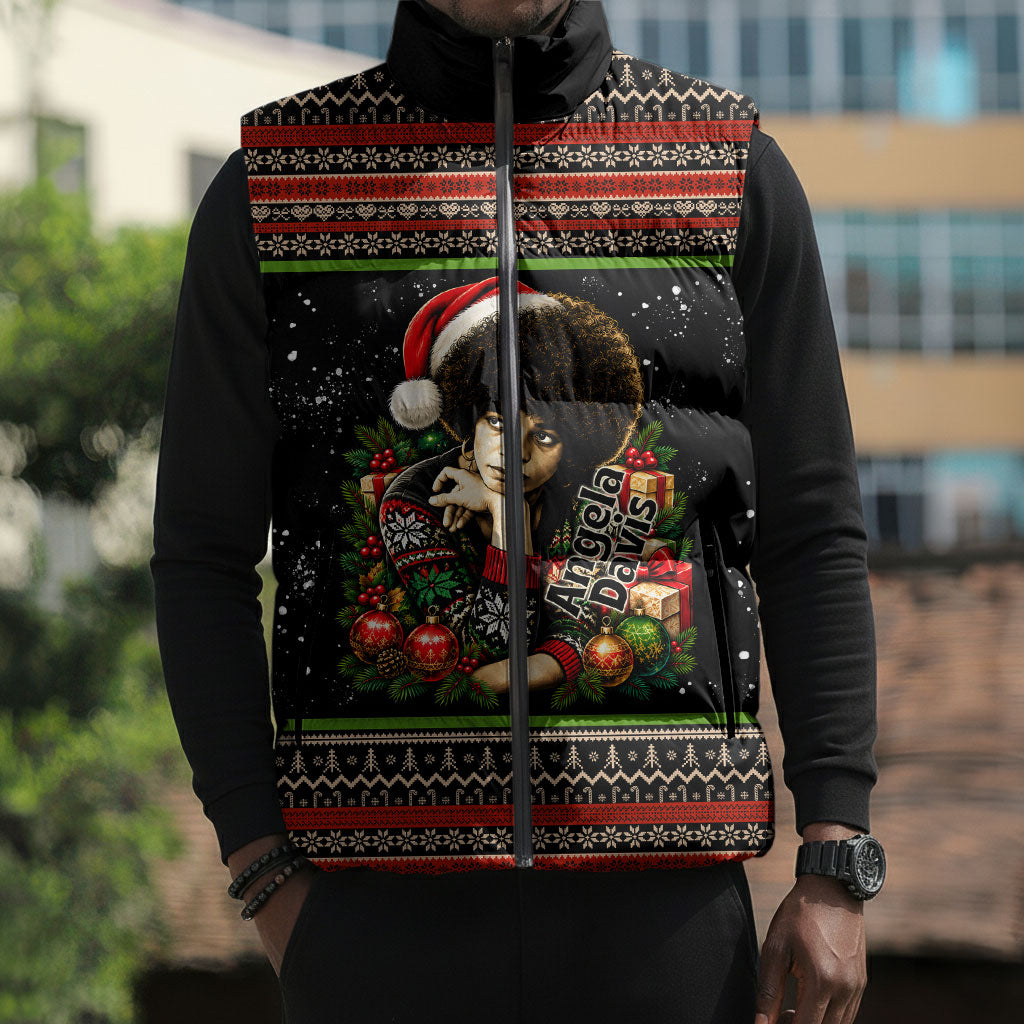 Angela Davis Merry Christmas Sleeveless Puffer Jacket Ugly Christmas Pattern Civil Rights Black History
