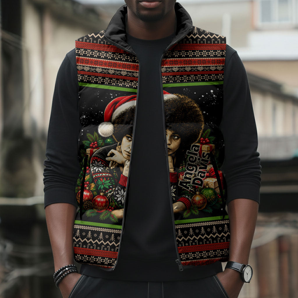 Angela Davis Merry Christmas Sleeveless Puffer Jacket Ugly Christmas Pattern Civil Rights Black History