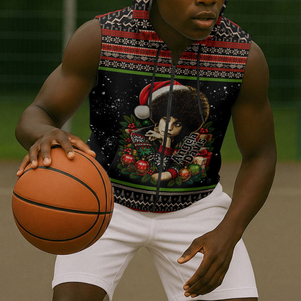 Angela Davis Merry Christmas Sleeveless Zip Hoodie Ugly Christmas Pattern Civil Rights Black History