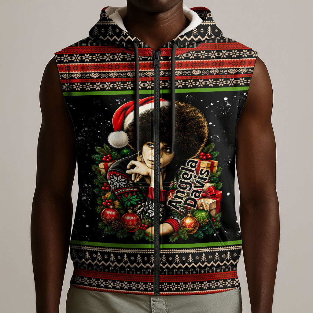 Angela Davis Merry Christmas Sleeveless Zip Hoodie Ugly Christmas Pattern Civil Rights Black History