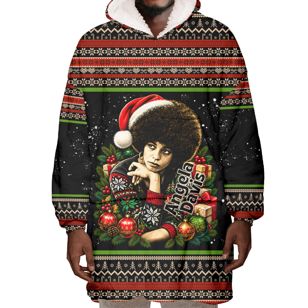 Angela Davis Merry Christmas Wearable Blanket Hoodie Ugly Christmas Pattern Civil Rights Black History