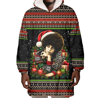 Angela Davis Merry Christmas Wearable Blanket Hoodie Ugly Christmas Pattern Civil Rights Black History
