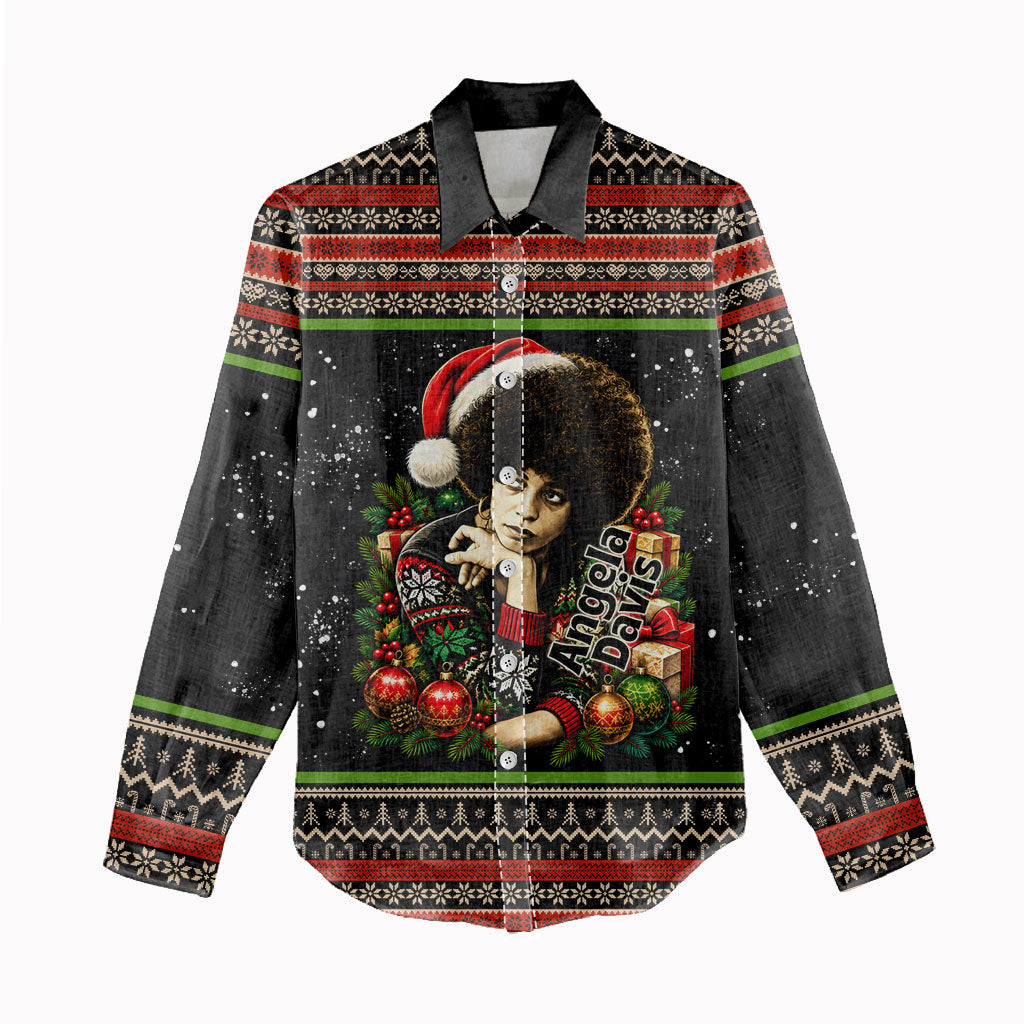 Angela Davis Merry Christmas Women Casual Shirt Ugly Christmas Pattern Civil Rights Black History