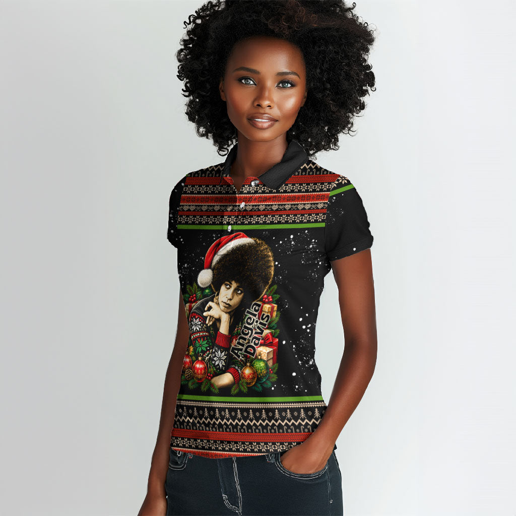 Angela Davis Merry Christmas Women Polo Shirt Ugly Christmas Pattern Civil Rights Black History