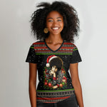 Angela Davis Merry Christmas Women V-Neck T-Shirt Ugly Christmas Pattern Civil Rights Black History