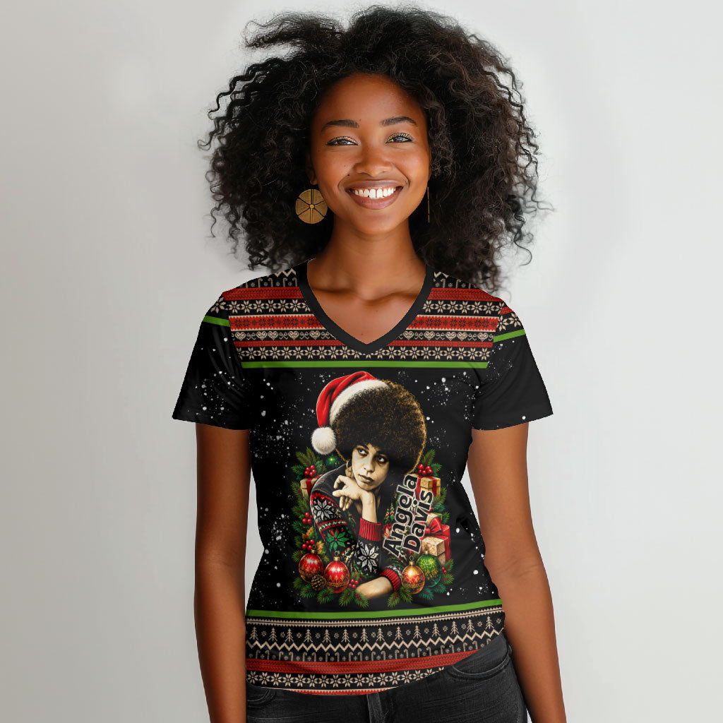 Angela Davis Merry Christmas Women V-Neck T-Shirt Ugly Christmas Pattern Civil Rights Black History