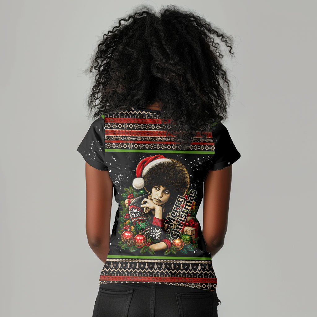 Angela Davis Merry Christmas Women V-Neck T-Shirt Ugly Christmas Pattern Civil Rights Black History