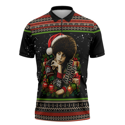 Angela Davis Merry Christmas Zipper Polo Shirt Ugly Christmas Pattern Civil Rights Black History