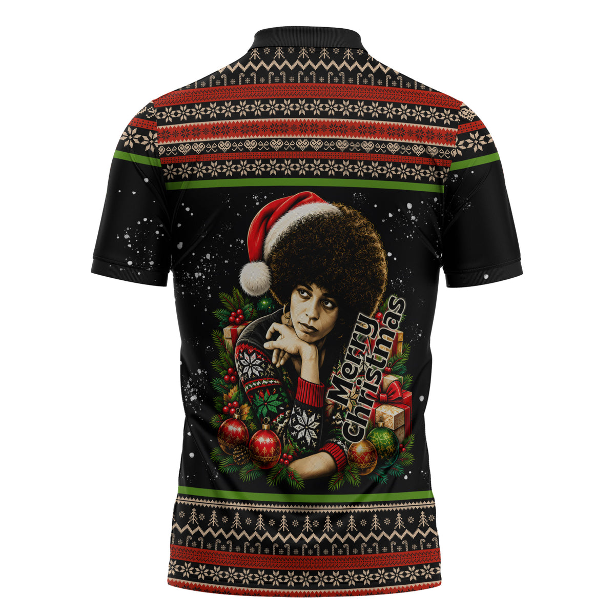 Angela Davis Merry Christmas Zipper Polo Shirt Ugly Christmas Pattern Civil Rights Black History