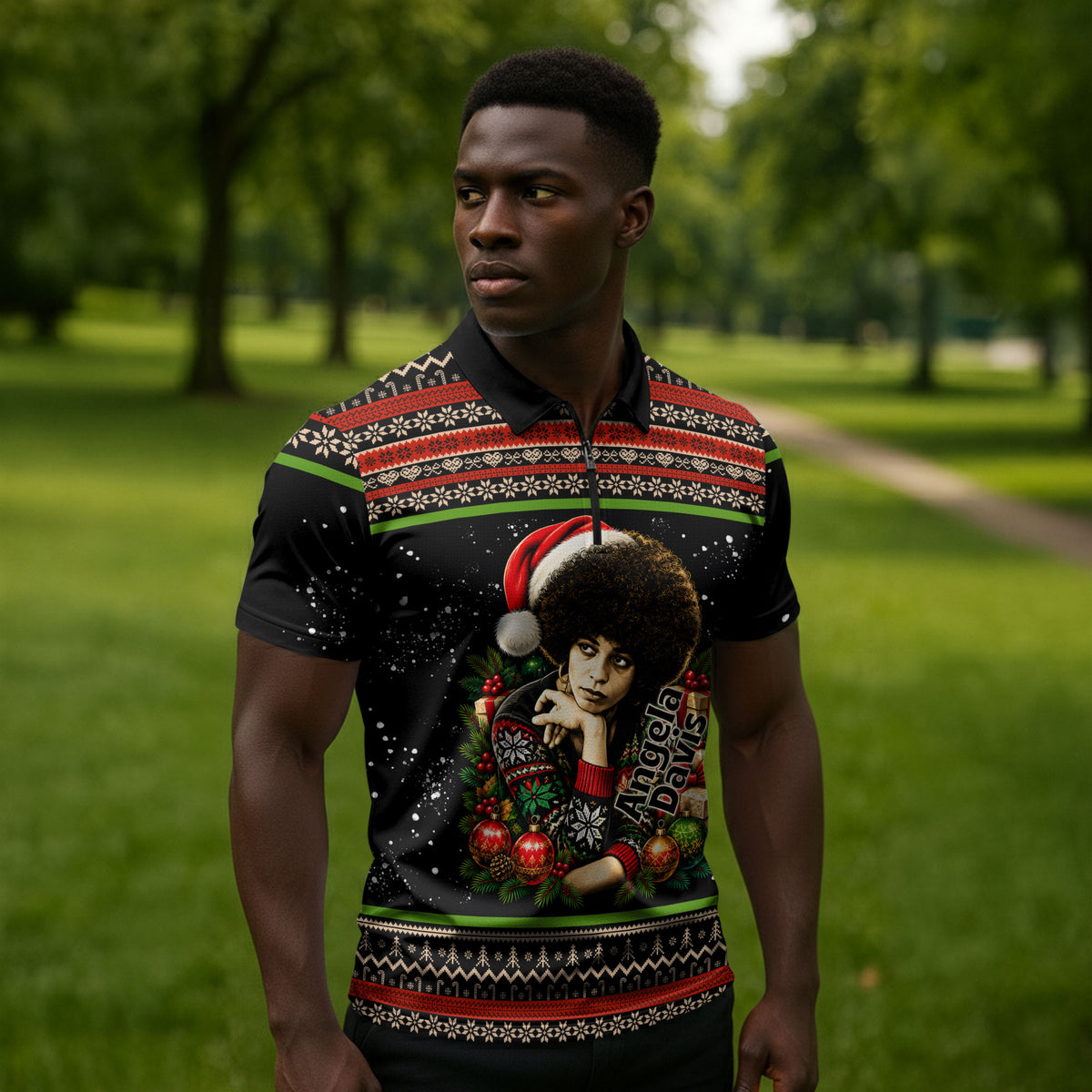 Angela Davis Merry Christmas Zipper Polo Shirt Ugly Christmas Pattern Civil Rights Black History