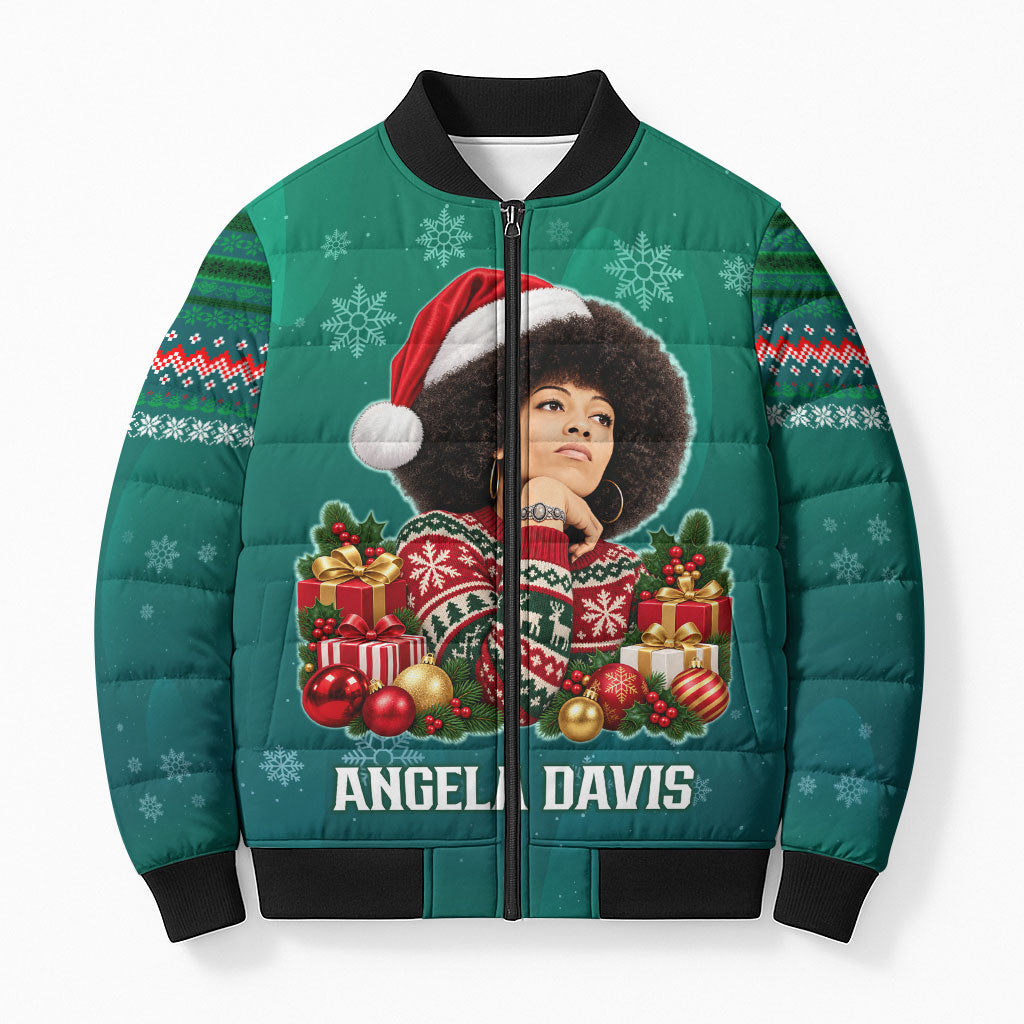 Angela Davis Civil Rights Black History Bomber Puffer Jacket Ugly Christmas Pattern African American Heritage