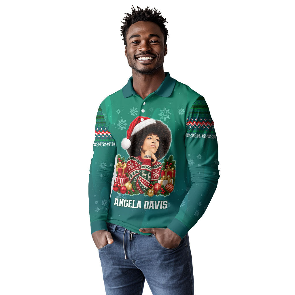 Angela Davis Civil Rights Black History Long Sleeve Polo Shirt Ugly Christmas Pattern African American Heritage