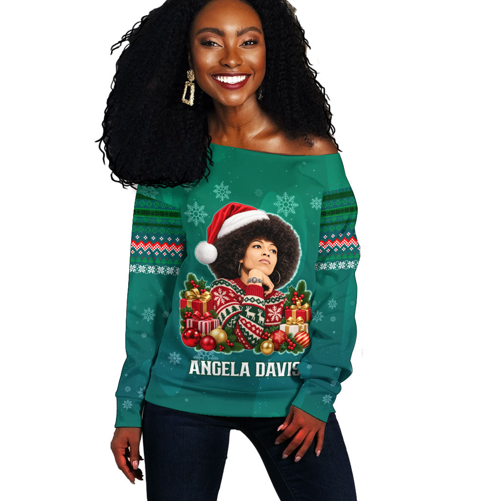 Angela Davis Civil Rights Black History Off Shoulder Sweater Ugly Christmas Pattern African American Heritage