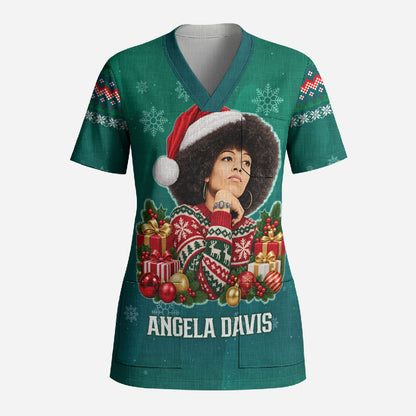Angela Davis Civil Rights Black History Scrub Top Ugly Christmas Pattern African American Heritage