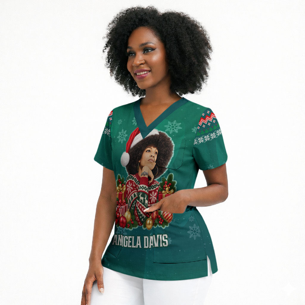 Angela Davis Civil Rights Black History Scrub Top Ugly Christmas Pattern African American Heritage
