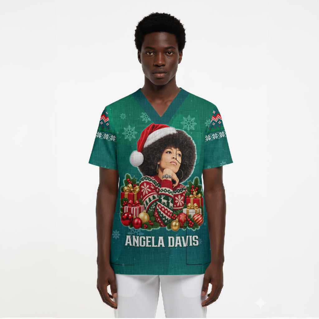 Angela Davis Civil Rights Black History Scrub Top Ugly Christmas Pattern African American Heritage