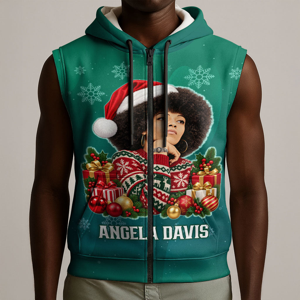 Angela Davis Civil Rights Black History Sleeveless Zip Hoodie Ugly Christmas Pattern African American Heritage