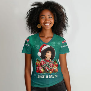 Angela Davis Civil Rights Black History Women V-Neck T-Shirt Ugly Christmas Pattern African American Heritage
