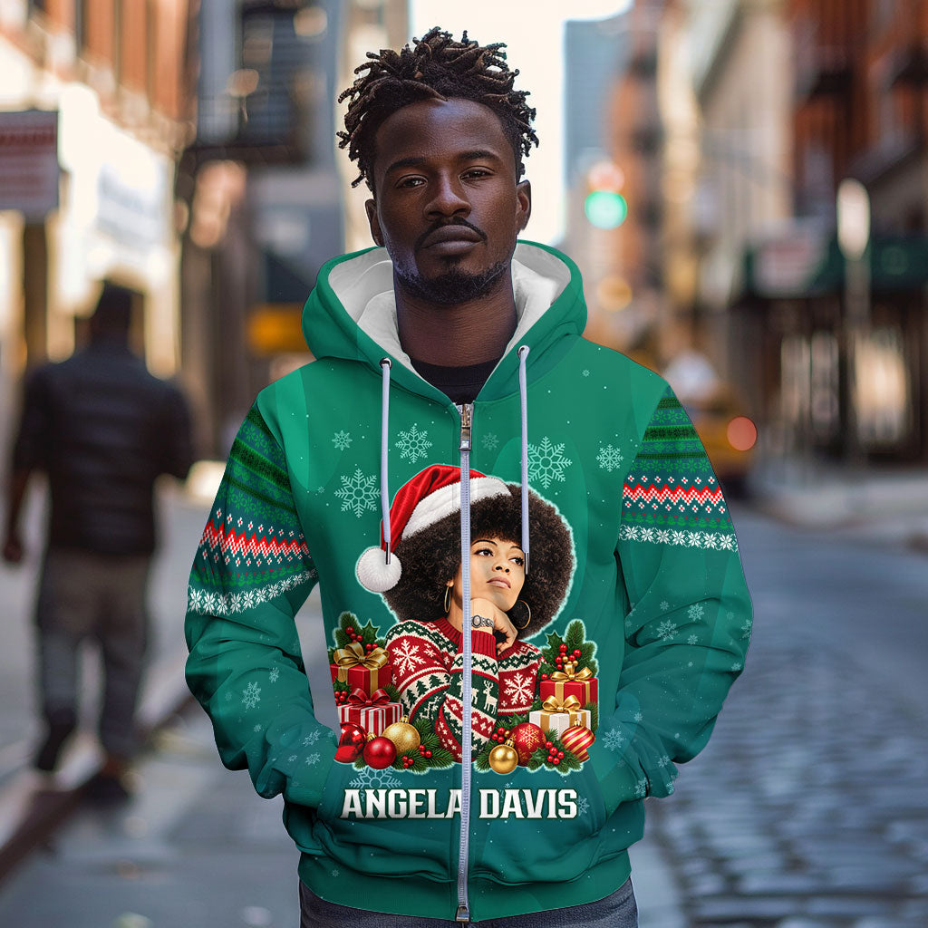 Angela Davis Civil Rights Black History Zip Hoodie Ugly Christmas Pattern African American Heritage