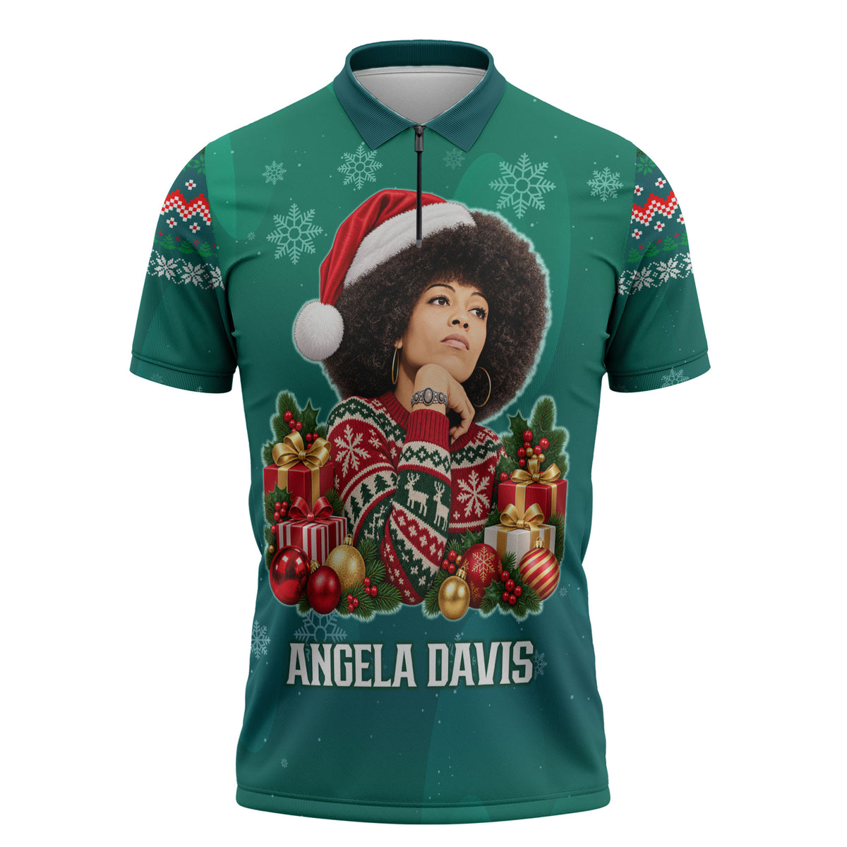Angela Davis Civil Rights Black History Zipper Polo Shirt Ugly Christmas Pattern African American Heritage