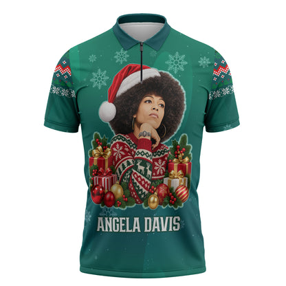 Angela Davis Civil Rights Black History Zipper Polo Shirt Ugly Christmas Pattern African American Heritage