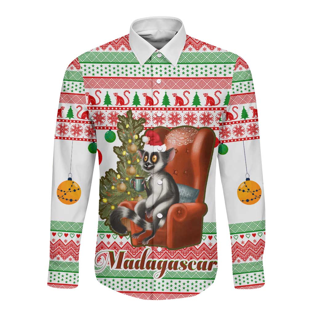 Madagascar Christmas Long Sleeve Button Shirt Lemur Santa Hat Holiday Tree - African Pride