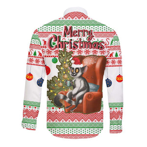 Madagascar Christmas Long Sleeve Button Shirt Lemur Santa Hat Holiday Tree - African Pride