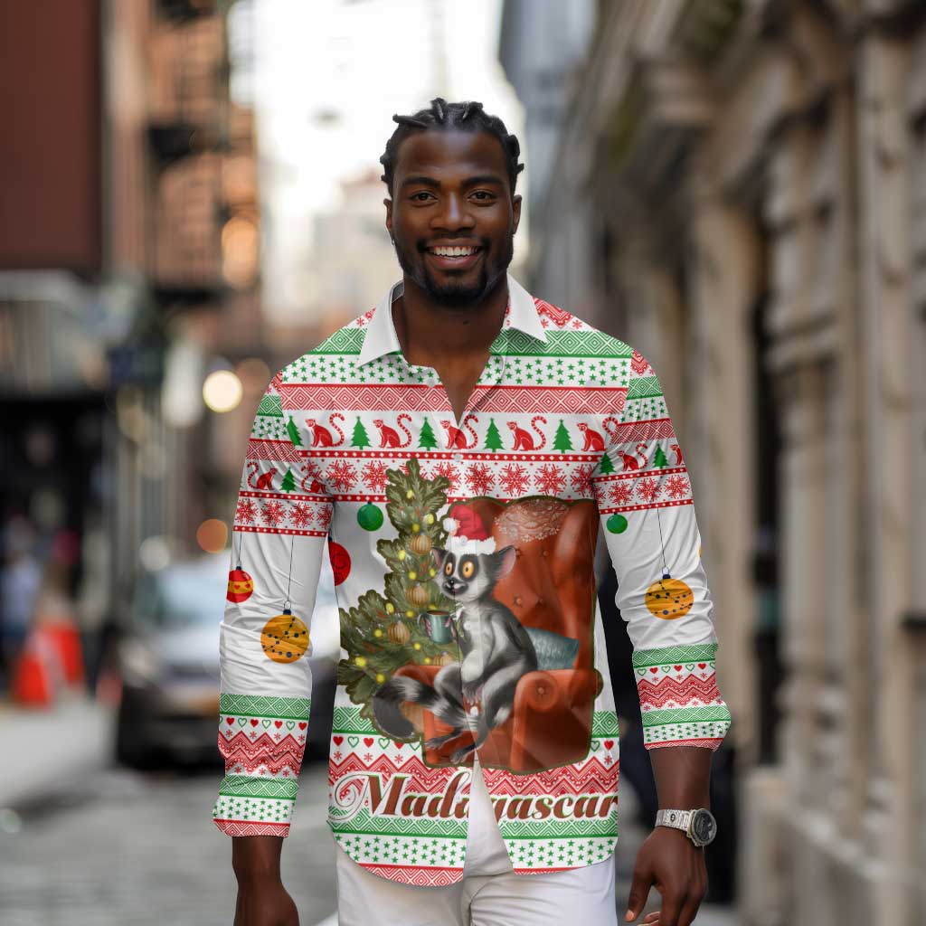 Madagascar Christmas Long Sleeve Button Shirt Lemur Santa Hat Holiday Tree - African Pride