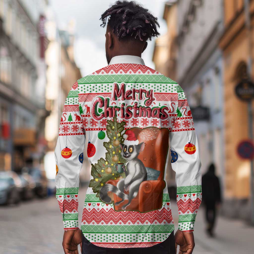 Madagascar Christmas Long Sleeve Button Shirt Lemur Santa Hat Holiday Tree - African Pride