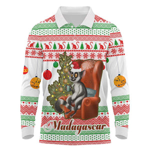 Madagascar Christmas Long Sleeve Polo Shirt Lemur Santa Hat Holiday Tree - African Pride