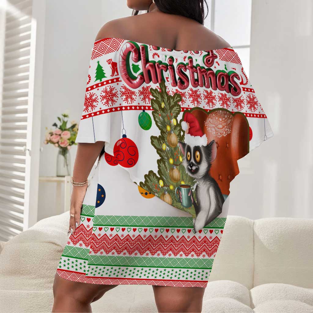 Madagascar Christmas Off Shoulder Short Dress Lemur Santa Hat Holiday Tree - African Pride