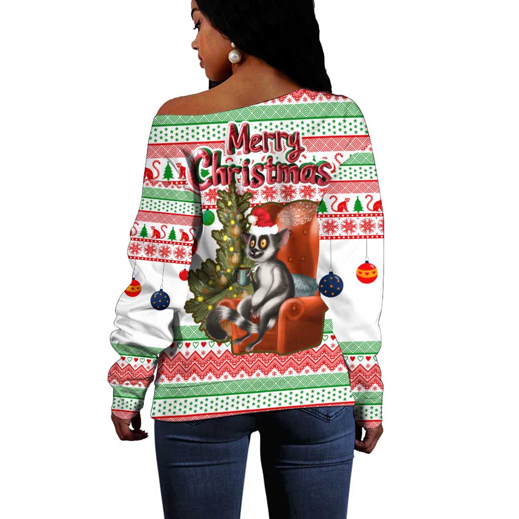 Madagascar Christmas Off Shoulder Sweater Lemur Santa Hat Holiday Tree - African Pride