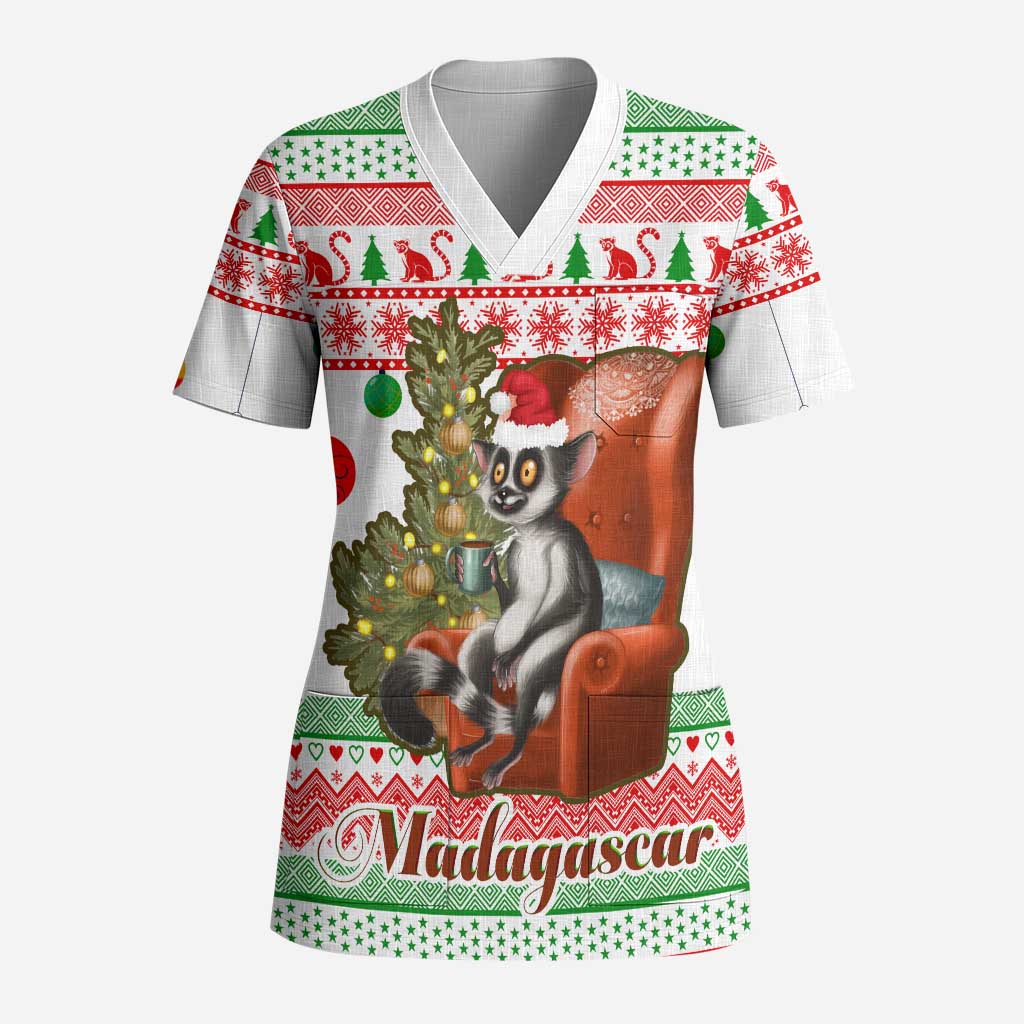 Madagascar Christmas Scrub Top Lemur Santa Hat Holiday Tree - African Pride
