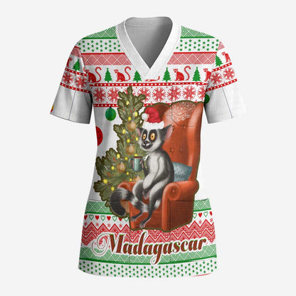 Madagascar Christmas Scrub Top Lemur Santa Hat Holiday Tree - African Pride