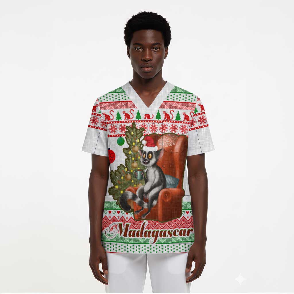 Madagascar Christmas Scrub Top Lemur Santa Hat Holiday Tree - African Pride