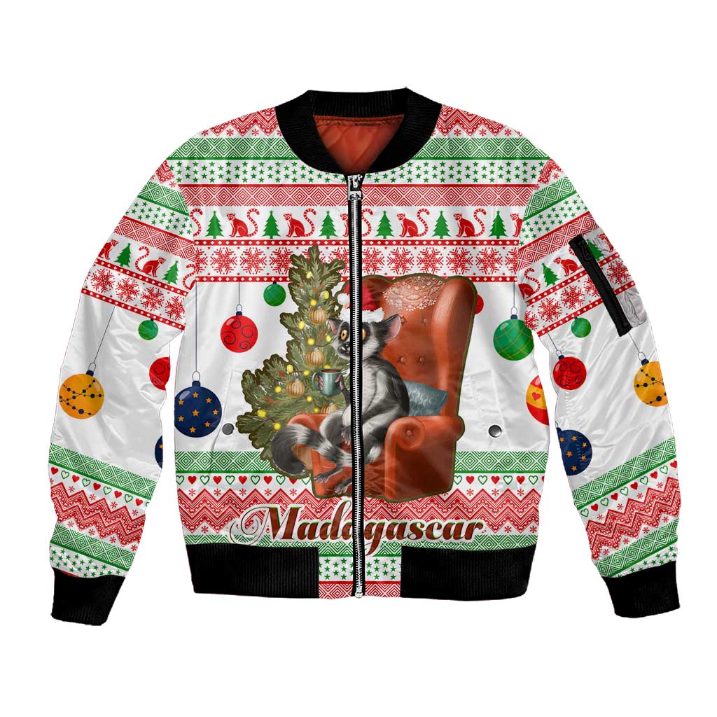 Madagascar Christmas Sleeve Zip Bomber Jacket Lemur Santa Hat Holiday Tree - African Pride