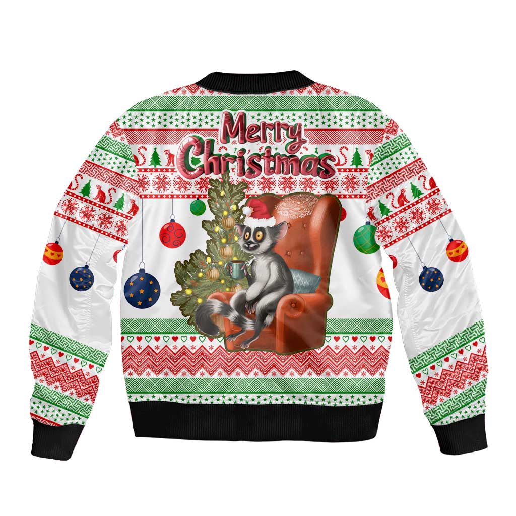 Madagascar Christmas Sleeve Zip Bomber Jacket Lemur Santa Hat Holiday Tree - African Pride
