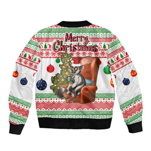 Madagascar Christmas Sleeve Zip Bomber Jacket Lemur Santa Hat Holiday Tree - African Pride