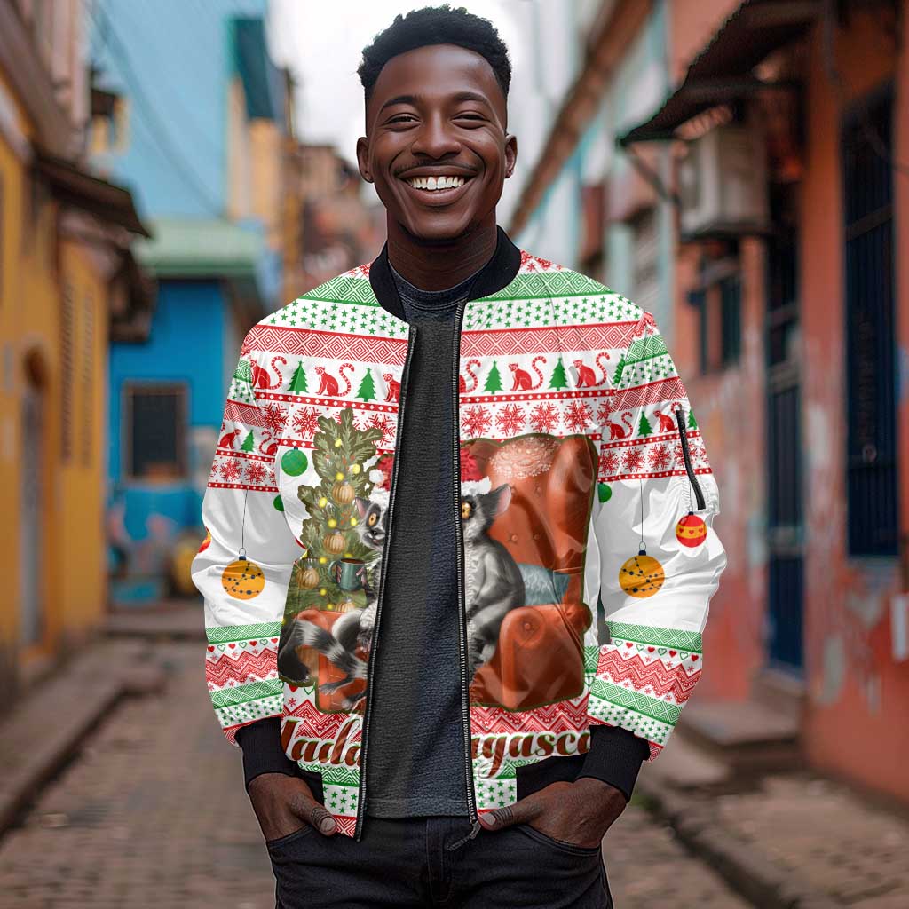 Madagascar Christmas Sleeve Zip Bomber Jacket Lemur Santa Hat Holiday Tree - African Pride